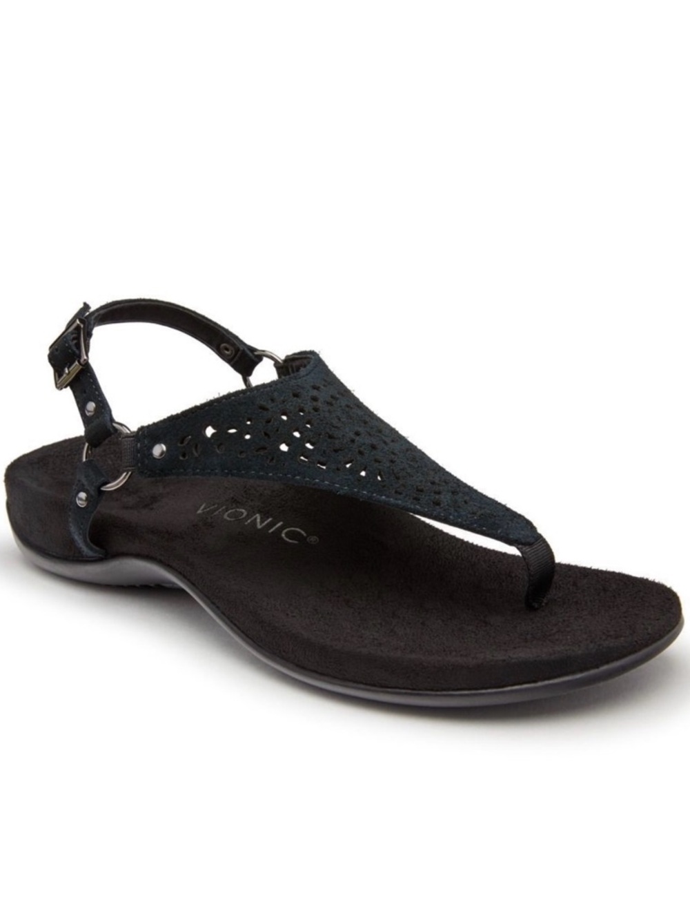 Vionic KIRRA Black Perforated Leather Triangle Upper Thong Toe Slingback Sandals